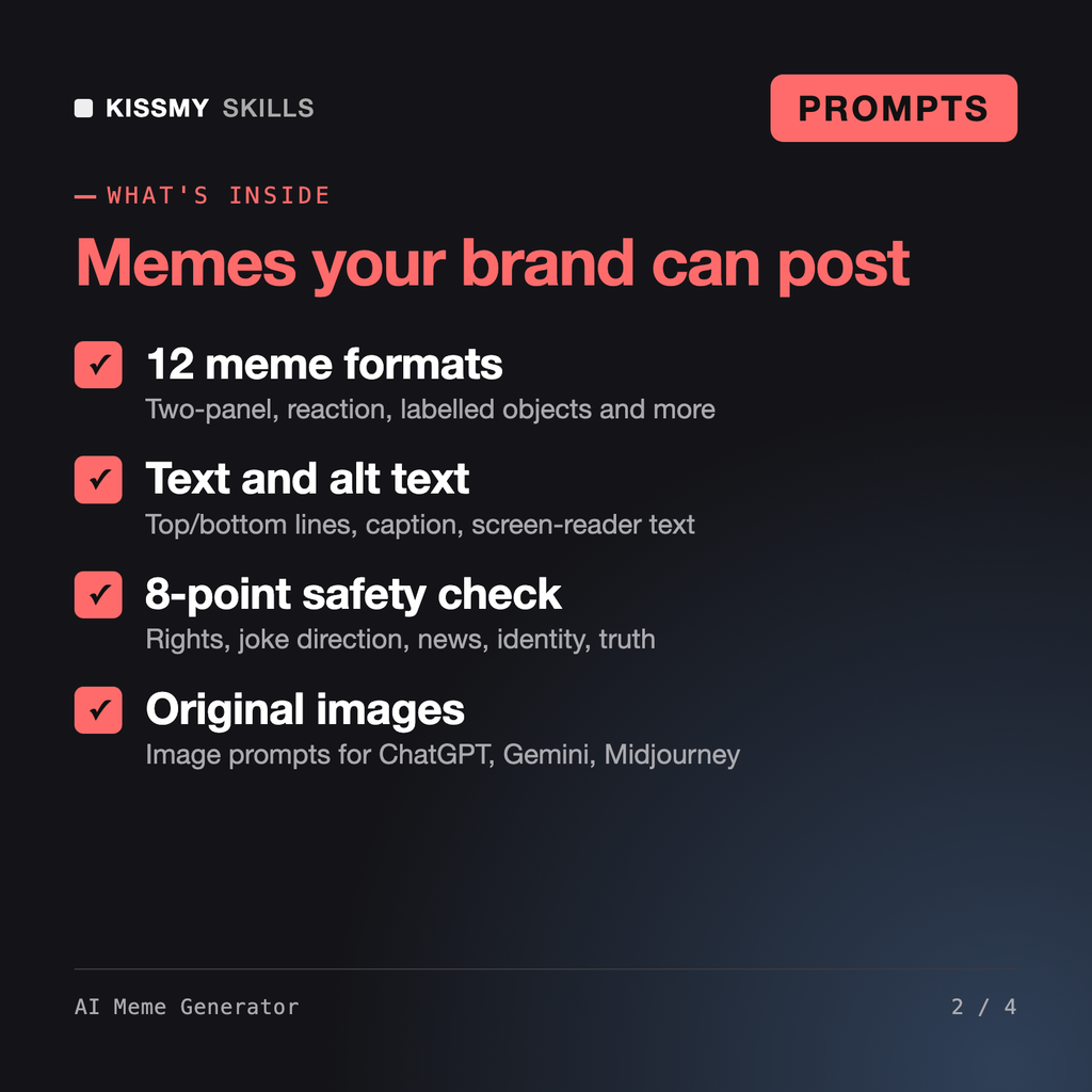 What's inside the AI Meme Generator: 12 meme formats, Text and alt text, 8-point safety check, Original images