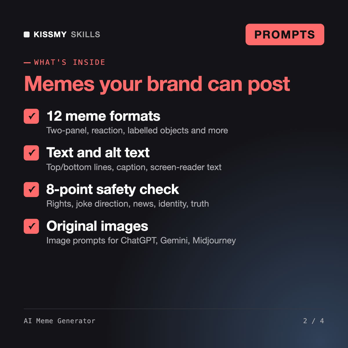 What's inside the AI Meme Generator: 12 meme formats, Text and alt text, 8-point safety check, Original images