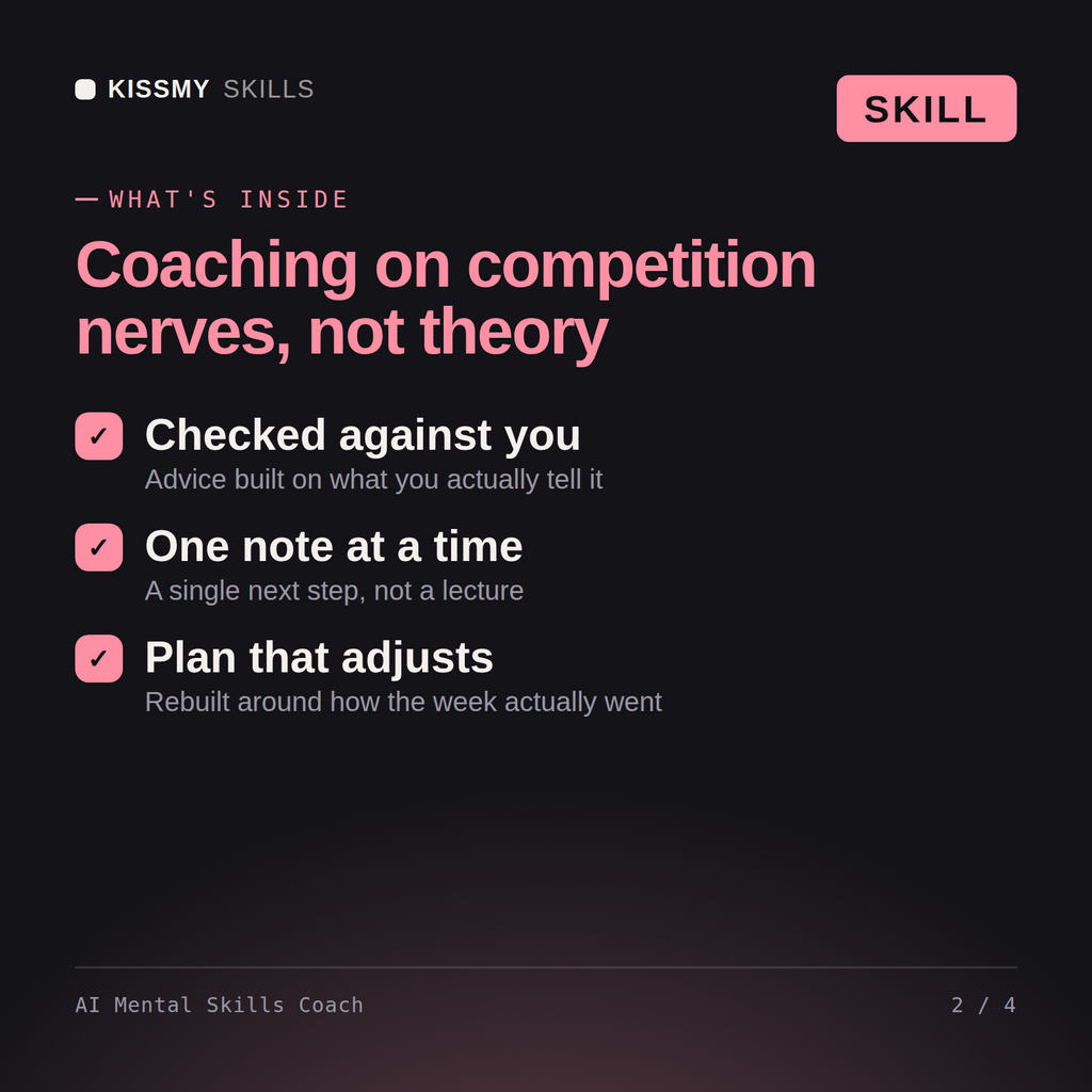 What's inside the AI Mental Skills Coach AI skill: Checked against you, One note at a time, Plan that adjusts