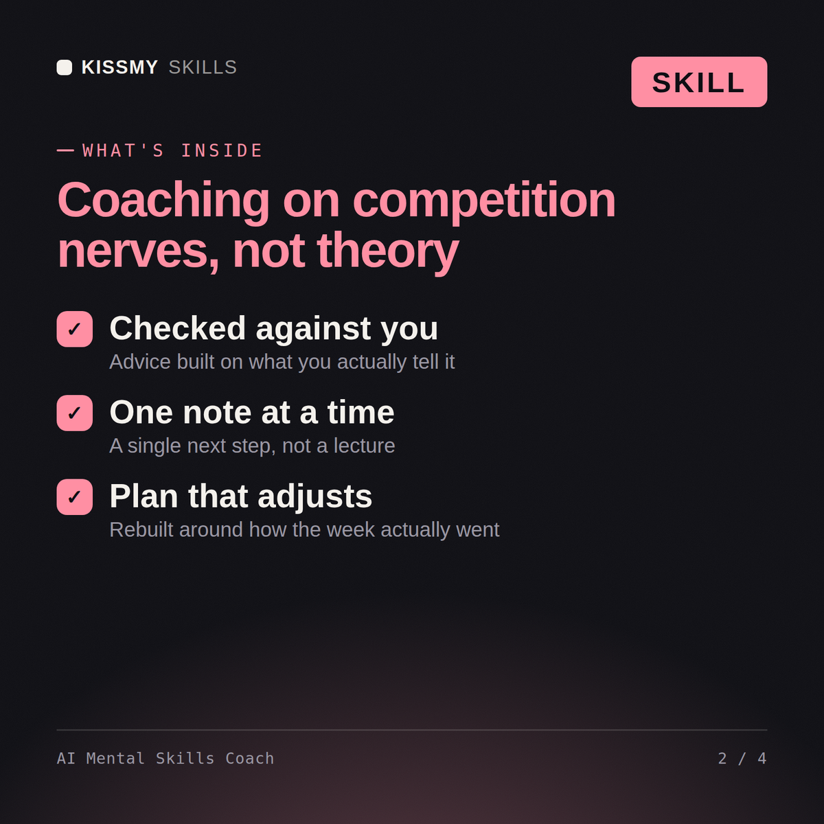 What's inside the AI Mental Skills Coach AI skill: Checked against you, One note at a time, Plan that adjusts