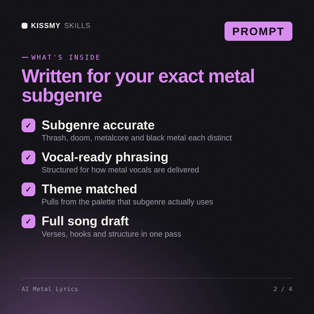 What's inside the AI Metal Lyrics AI prompt: Subgenre accurate, Vocal-ready phrasing, Theme matched, Full song draft