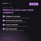 What's inside the AI Metal Lyrics AI prompt: Subgenre accurate, Vocal-ready phrasing, Theme matched, Full song draft