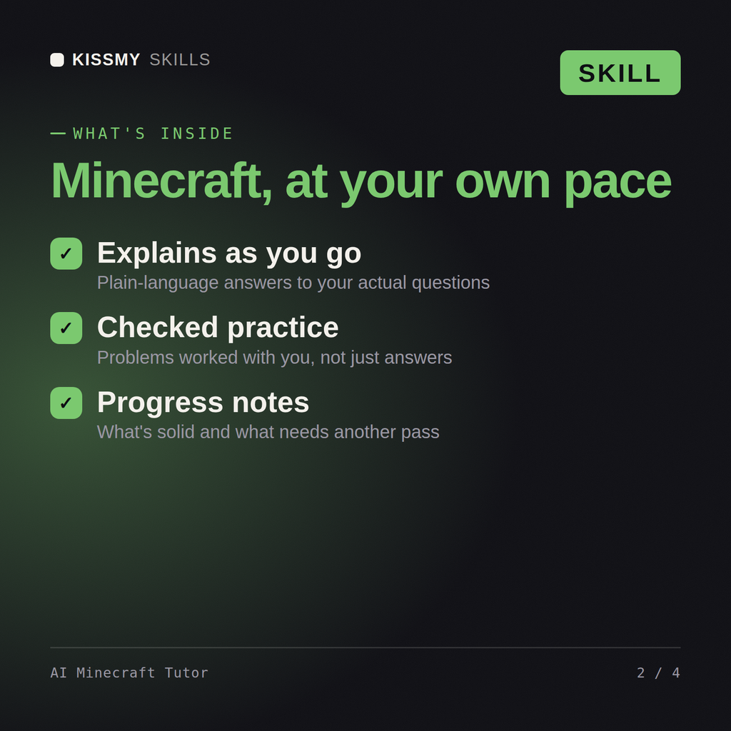 What's inside the AI Minecraft Tutor AI skill: Explains as you go, Checked practice, Progress notes