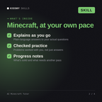 What's inside the AI Minecraft Tutor AI skill: Explains as you go, Checked practice, Progress notes
