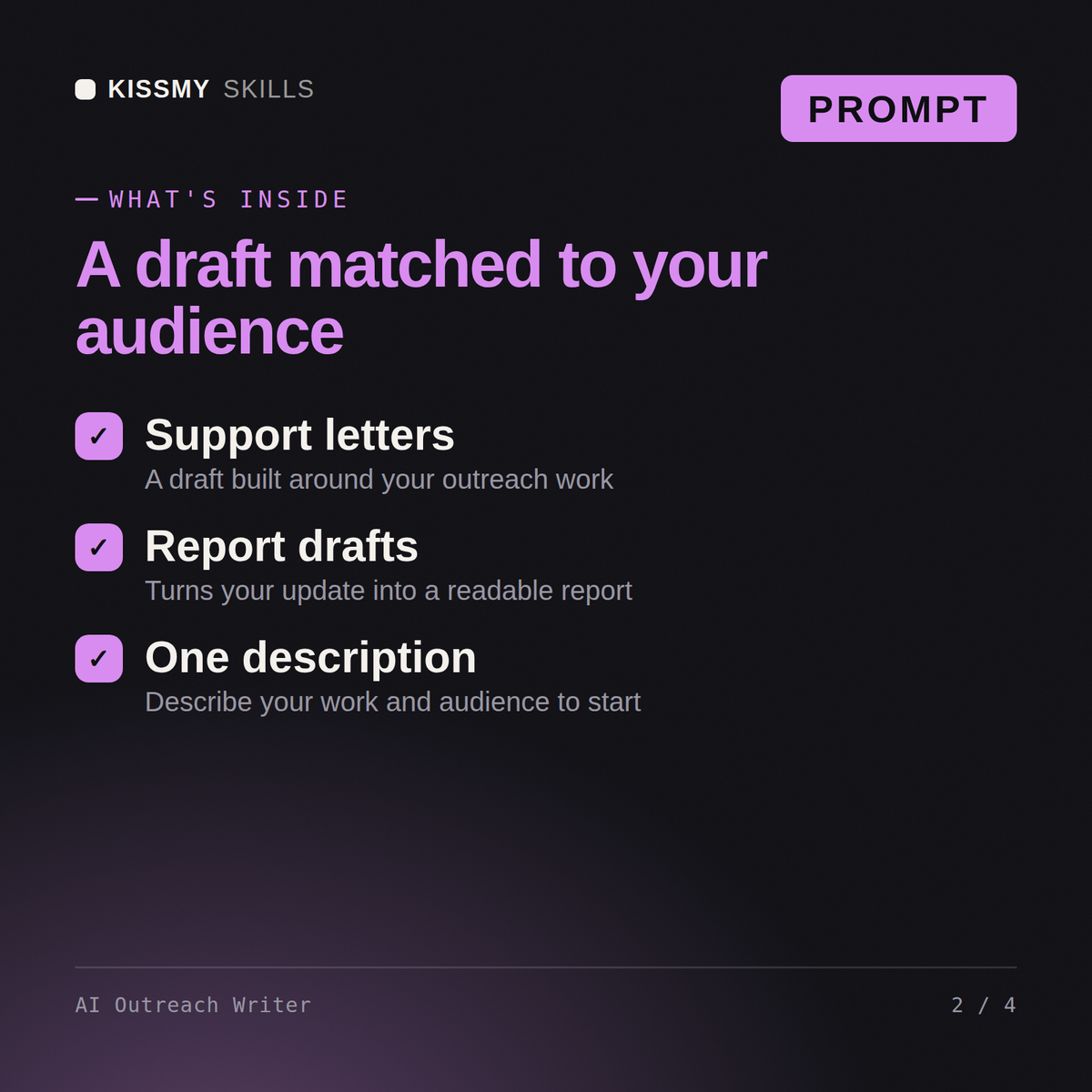 What's inside the AI Outreach Writer AI prompt: Support letters, Report drafts, One description
