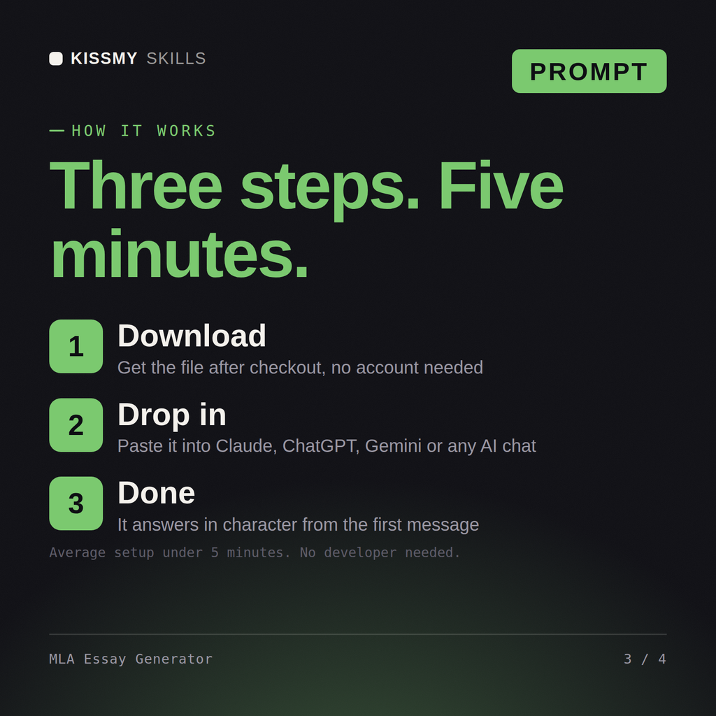 How the MLA Essay Generator AI prompt works in three steps: download, drop it into your AI chat, done