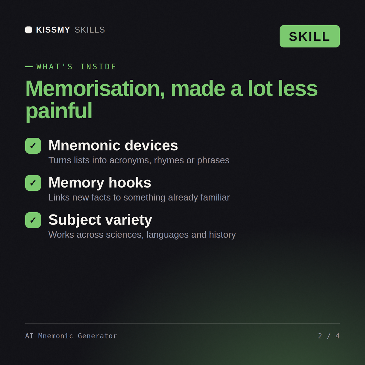 What's inside the AI Mnemonic Generator AI skill: Mnemonic devices, Memory hooks, Subject variety