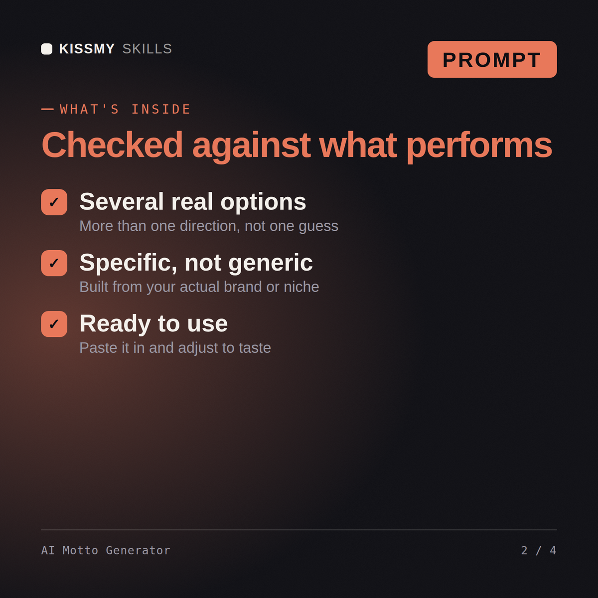 What's inside the AI Motto Generator AI prompt: Several real options, Specific, not generic, Ready to use