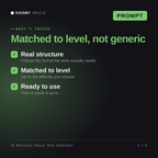 What's inside the AI Multiple Choice Test Generator AI prompt: Real structure, Matched to level, Ready to use