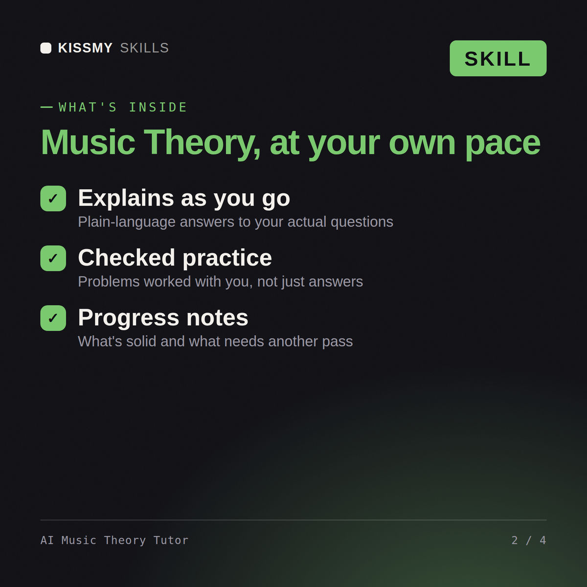 What's inside the AI Music Theory Tutor AI skill: Explains as you go, Checked practice, Progress notes