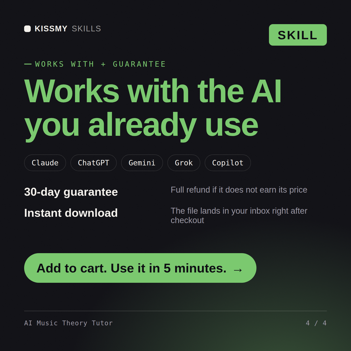 The AI Music Theory Tutor AI skill works with Claude, ChatGPT, Gemini and any AI chat, 30-day money-back guarantee