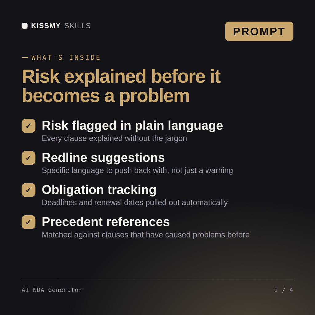 What's inside the AI NDA Generator AI prompt: Risk flagged in plain language, Redline suggestions, Obligation tracking, Precedent references