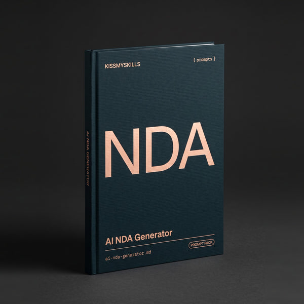 NDA Generator prompts for Claude by KissMySkills, deep midnight-teal laid paper cover with the monogram NDA