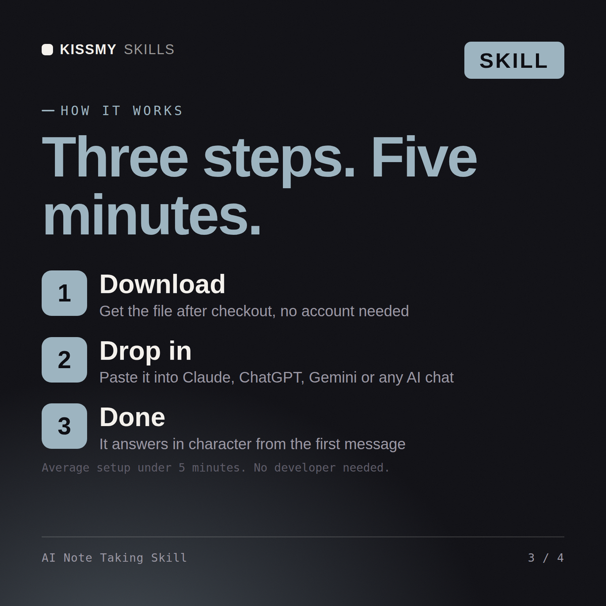 How the AI Note Taking Skill AI skill works in three steps: download, drop it into your AI chat, done