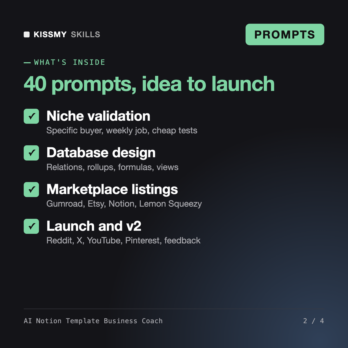 What's inside the AI Notion Template Business Coach: Niche validation, Database design, Marketplace listings, Launch and v2