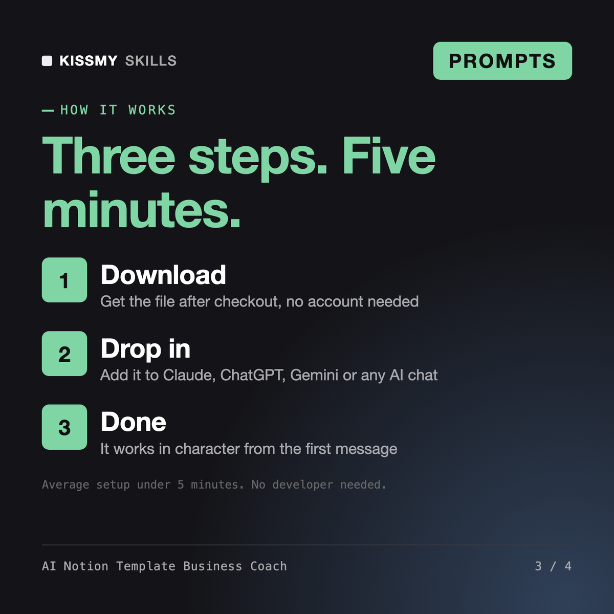 How the AI Notion Template Business Coach works in three steps: download, drop it into your AI chat, done