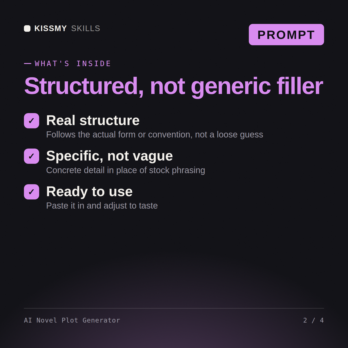 What's inside the AI Novel Plot Generator AI prompt: Real structure, Specific, not vague, Ready to use