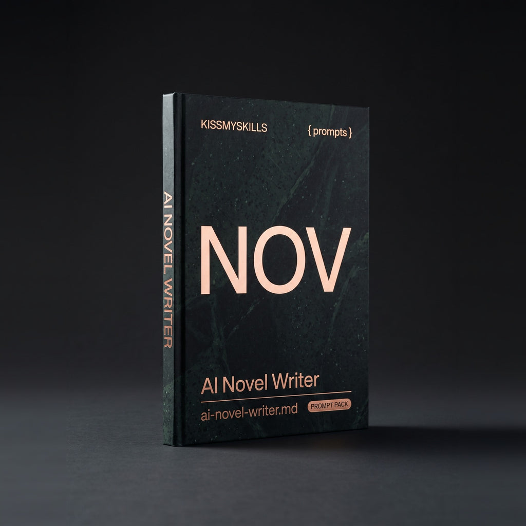 Novel Writer prompts for Claude by KissMySkills, near-black deep green serpentine stone cover with the monogram NOV
