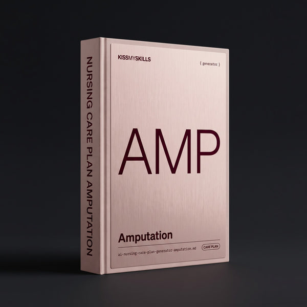 Amputation Nursing Care Plan Claude skill by KissMySkills, brushed pale rose-bronze metal cover with the monogram AMP