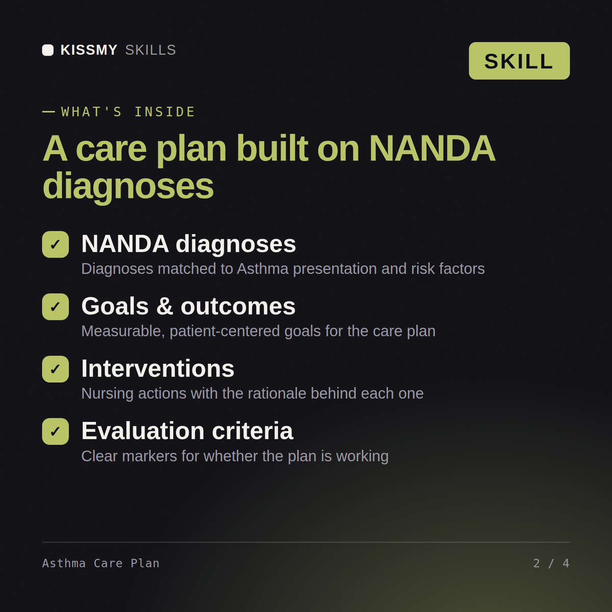 What's inside the Asthma Care Plan AI skill: NANDA diagnoses, Goals & outcomes, Interventions, Evaluation criteria