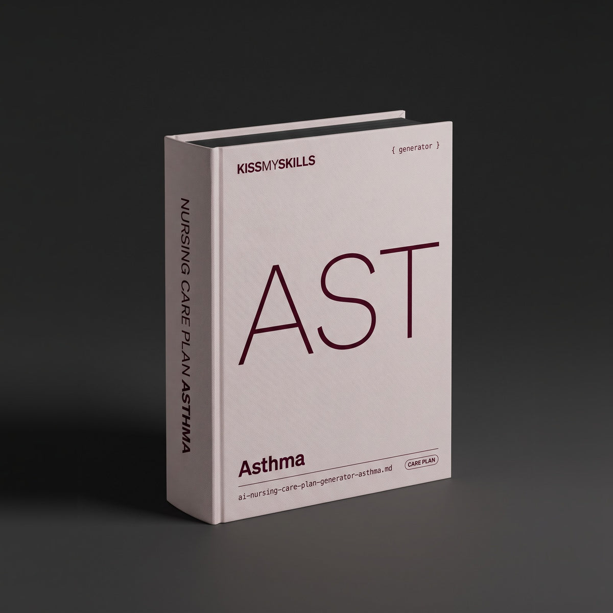 Asthma Nursing Care Plan Claude skill by KissMySkills, pale warm blush grey bookcloth cover with the monogram AST