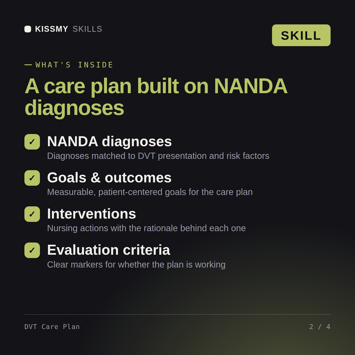 What's inside the DVT Care Plan AI skill: NANDA diagnoses, Goals & outcomes, Interventions, Evaluation criteria