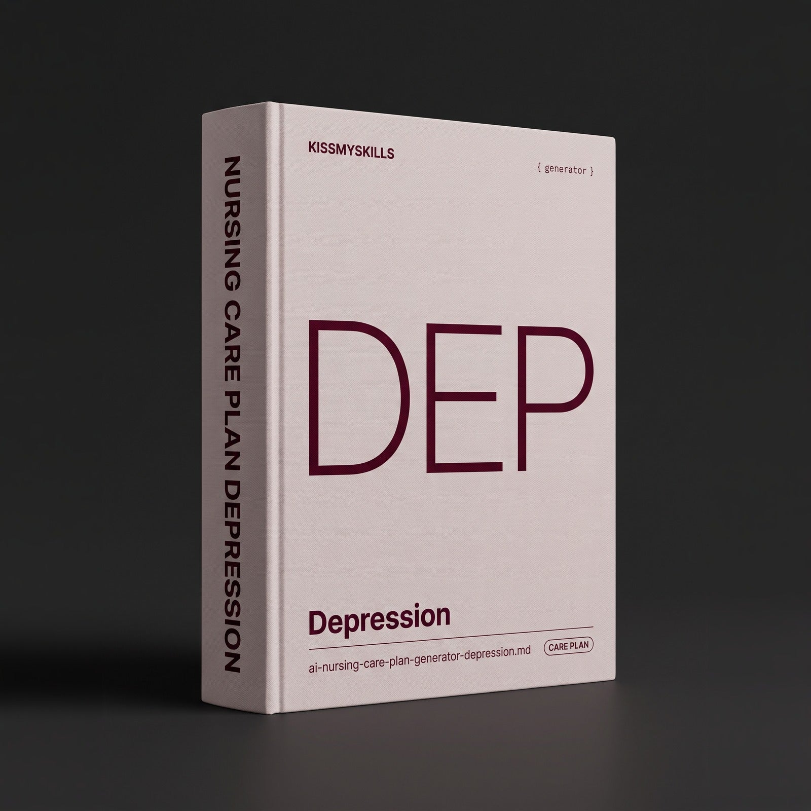 Depression Nursing Care Plan Claude skill by KissMySkills, pale warm blush grey bookcloth cover with the monogram DEP