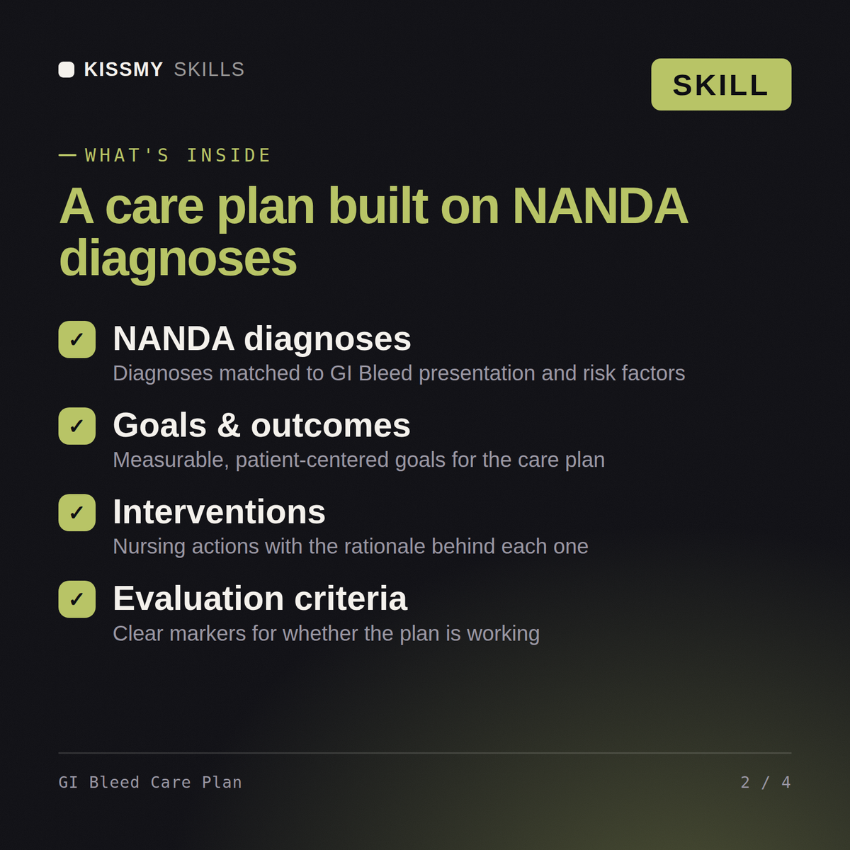 What's inside the GI Bleed Care Plan AI skill: NANDA diagnoses, Goals & outcomes, Interventions, Evaluation criteria