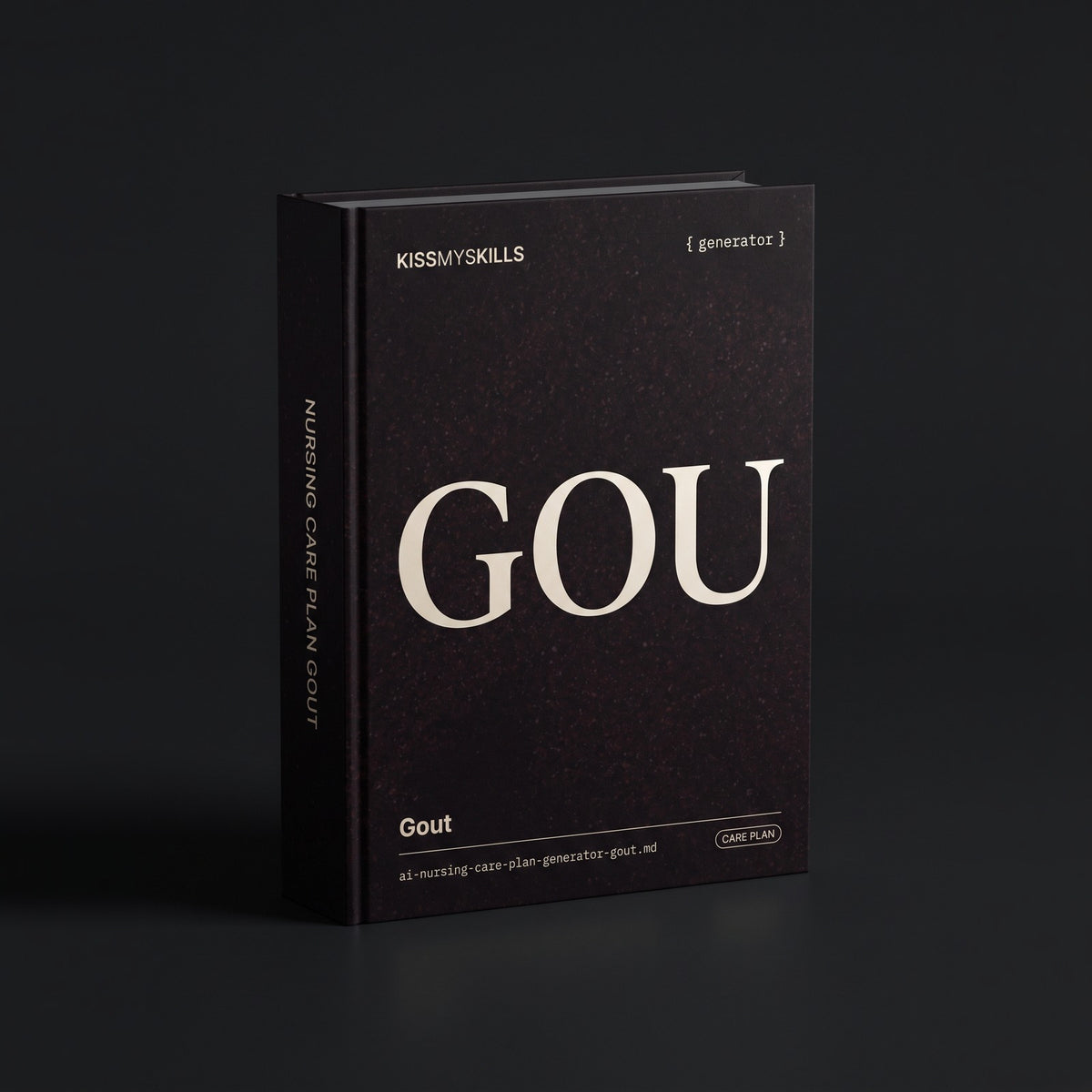 Gout Nursing Care Plan Claude skill by KissMySkills, near-black deep red porphyry stone cover with the monogram GOU