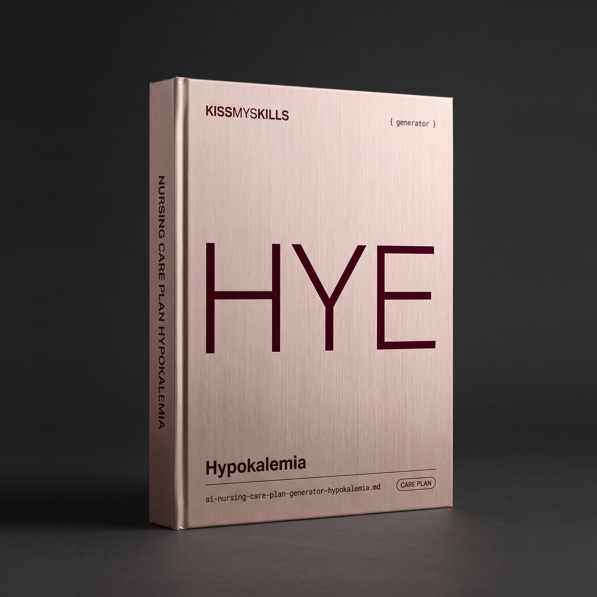 Hypokalemia Nursing Care Plan Claude skill by KissMySkills, brushed pale rose-bronze metal cover with the monogram HYE