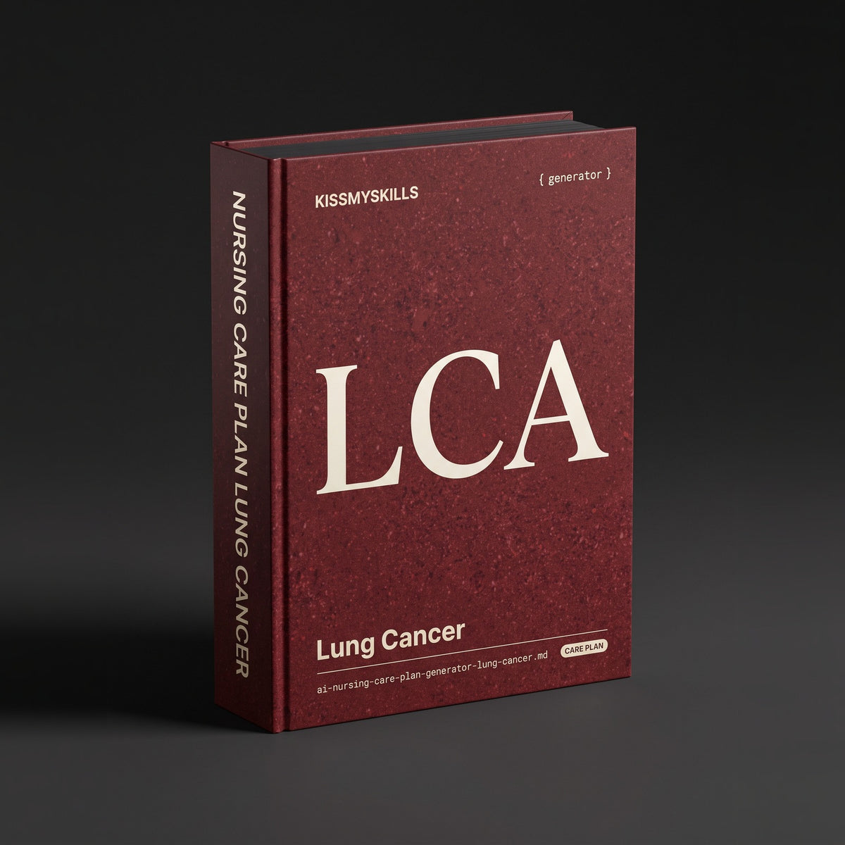 Lung Cancer Nursing Care Plan Claude skill by KissMySkills, near-black deep red porphyry stone cover with the monogram LCA