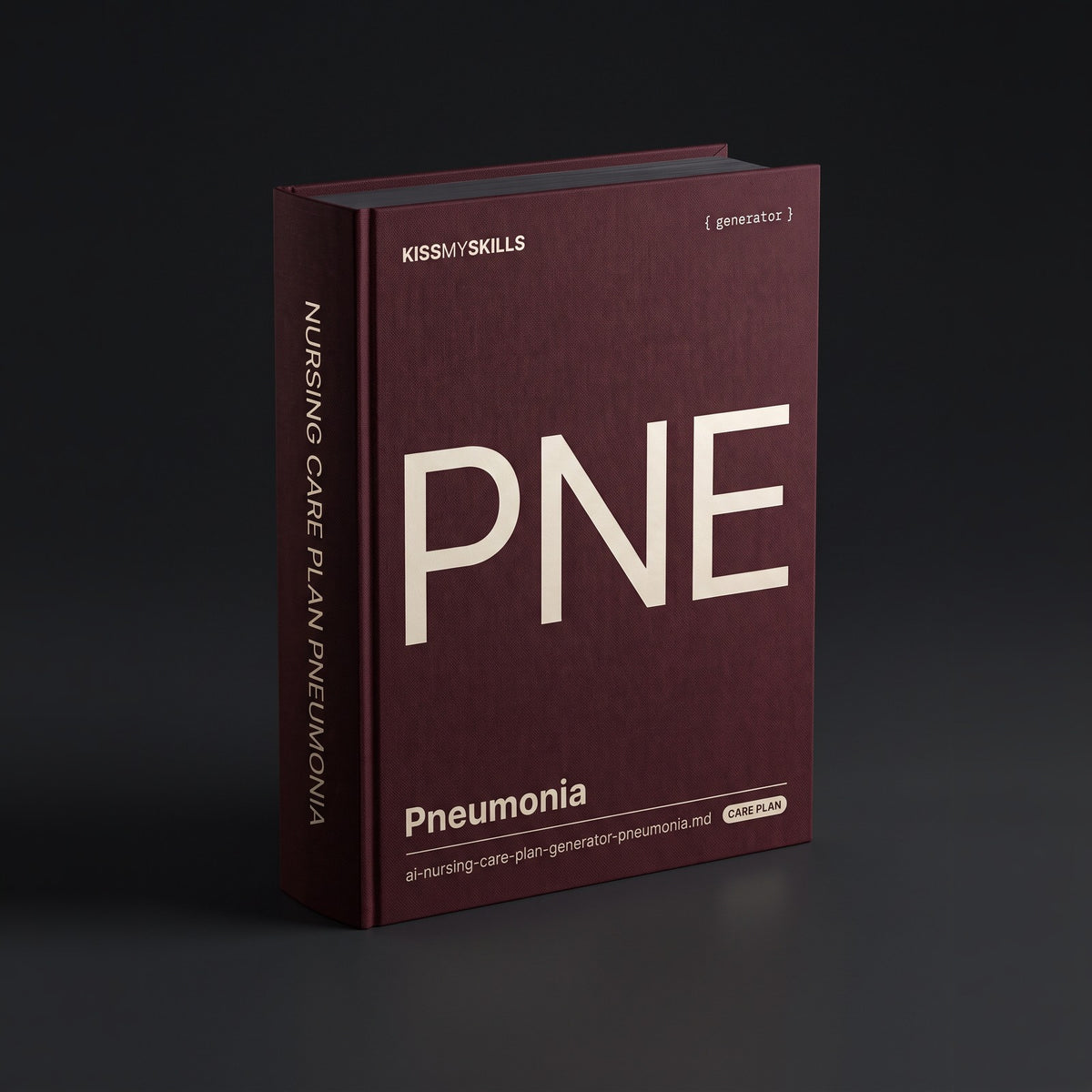 Pneumonia Nursing Care Plan Claude skill by KissMySkills, deep oxblood burgundy bookcloth cover with the monogram PNE