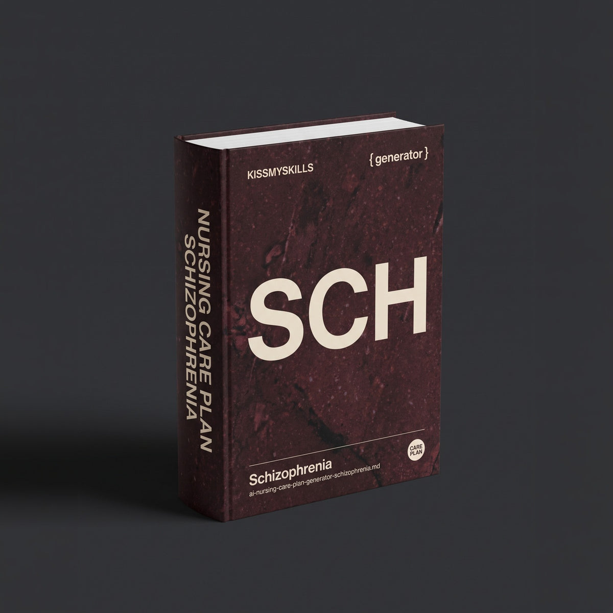 Schizophrenia Nursing Care Plan Claude skill by KissMySkills, near-black deep red porphyry stone cover with the monogram SCH