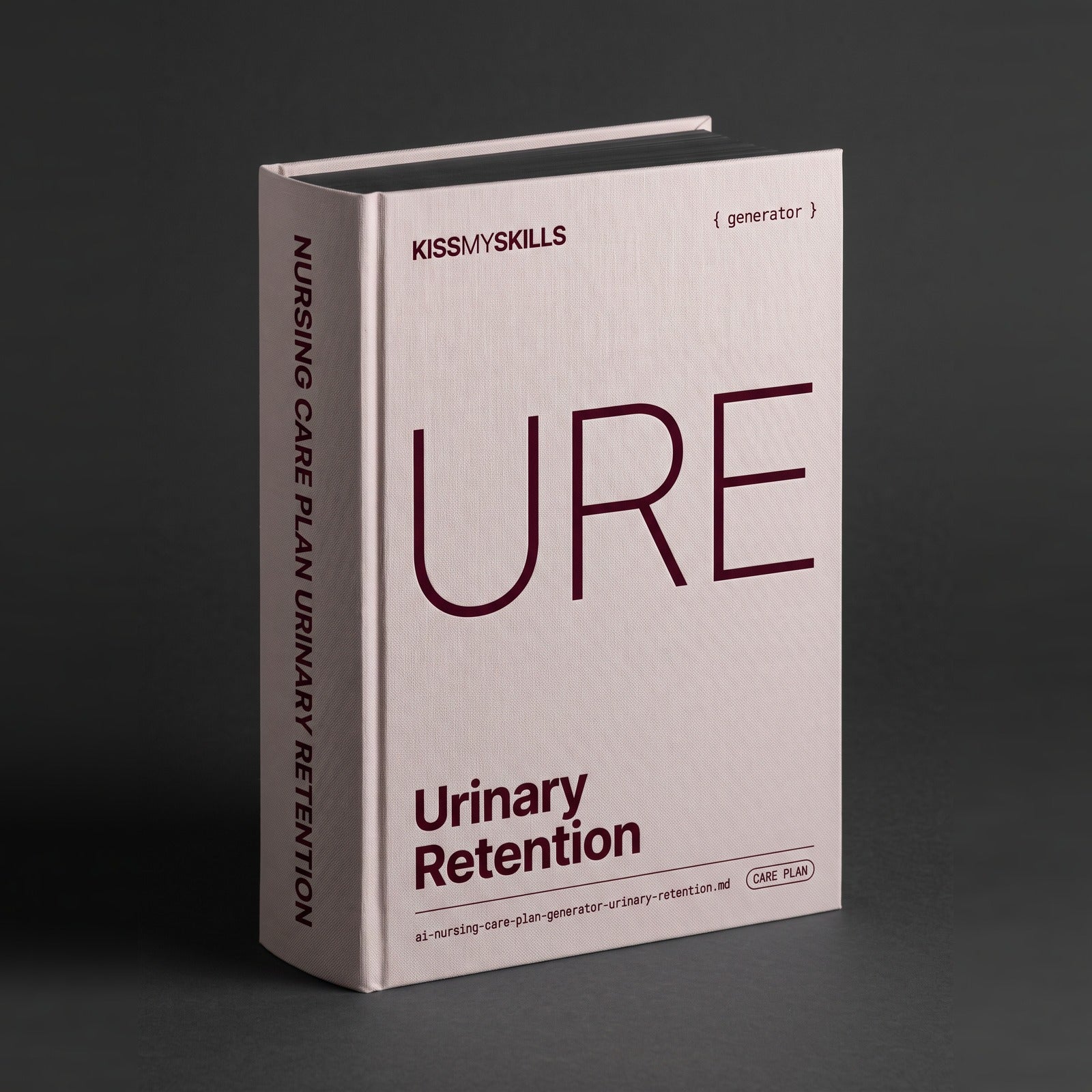 Urinary Retention Nursing Care Plan Claude skill by KissMySkills, pale warm blush grey bookcloth cover with the monogram URE
