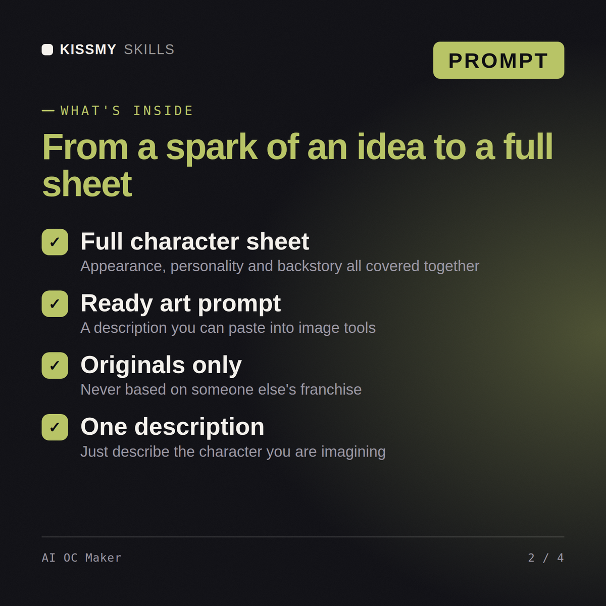 What's inside the AI OC Maker AI prompt: Full character sheet, Ready art prompt, Originals only, One description
