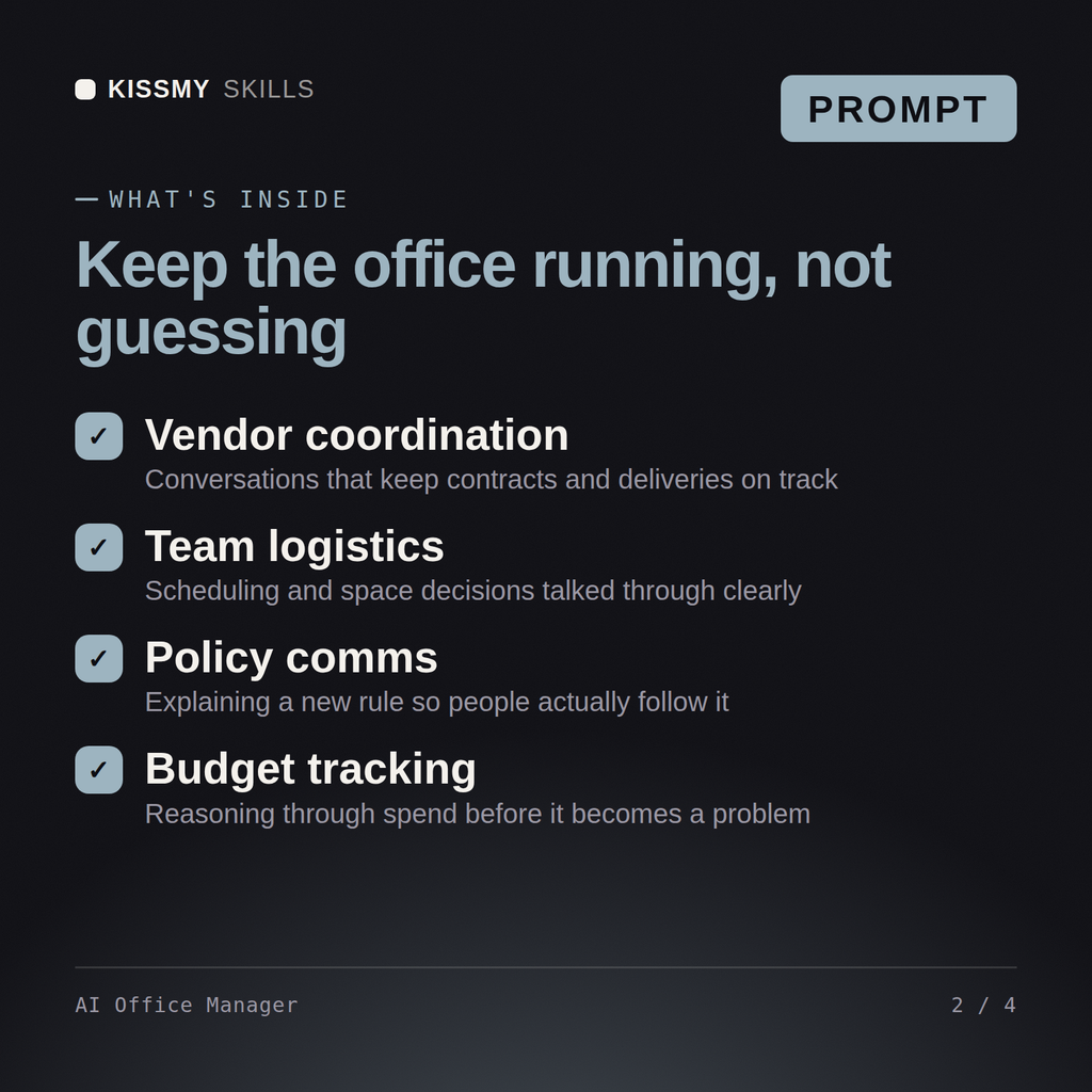 What's inside the AI Office Manager AI prompt: Vendor coordination, Team logistics, Policy comms, Budget tracking