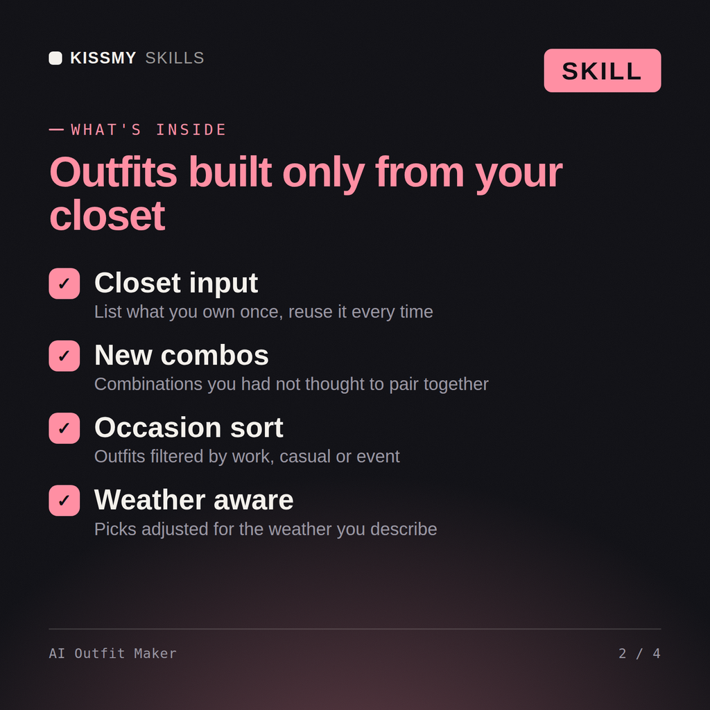 What's inside the AI Outfit Maker AI skill: Closet input, New combos, Occasion sort, Weather aware
