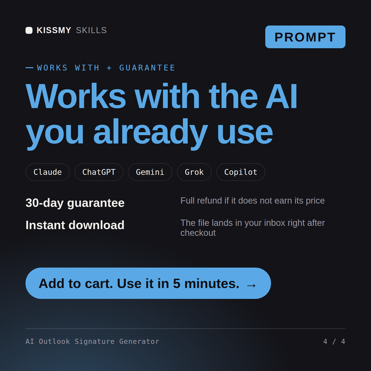 The AI Outlook Signature Generator AI prompt works with Claude, ChatGPT, Gemini and any AI chat, 30-day money-back guarantee