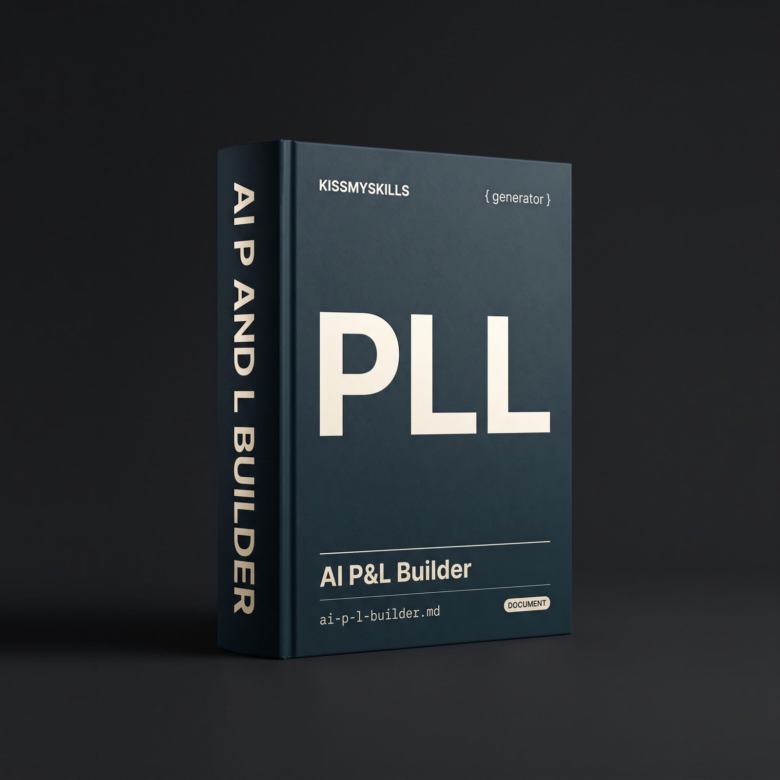 P&L Builder Claude skill by KissMySkills, oxidised prussian petrol blue metal cover with the monogram PLL
