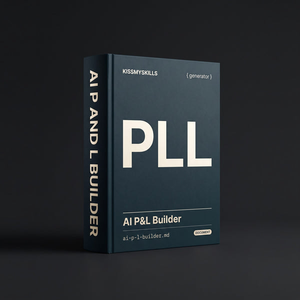 P&L Builder Claude skill by KissMySkills, oxidised prussian petrol blue metal cover with the monogram PLL
