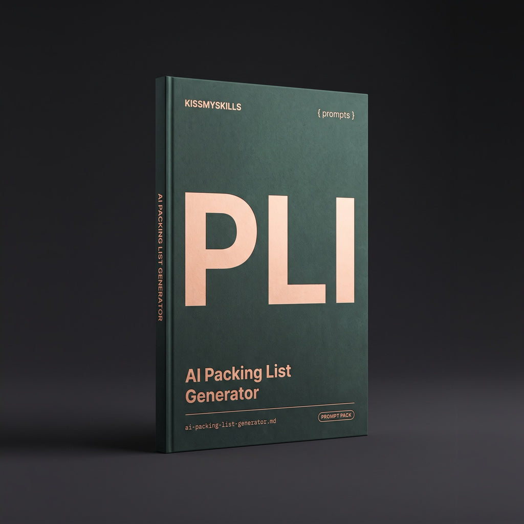 Packing List Generator prompts for Claude by KissMySkills, oxidised verdigris bronze cover with the monogram PLI