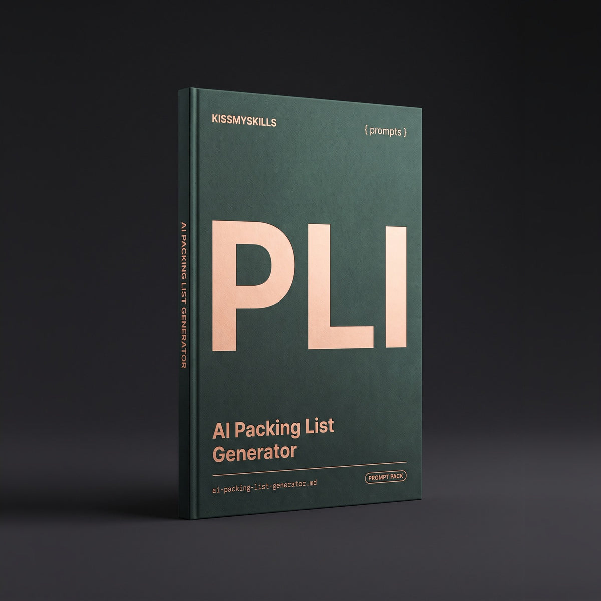 Packing List Generator prompts for Claude by KissMySkills, oxidised verdigris bronze cover with the monogram PLI