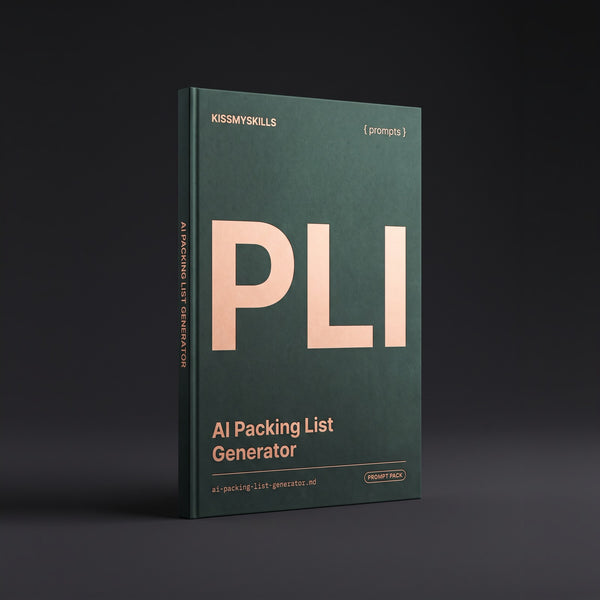 Packing List Generator prompts for Claude by KissMySkills, oxidised verdigris bronze cover with the monogram PLI