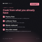 What's inside the AI Leftover Recipes AI prompt: Pantry first, Leftover fixes, Waste reduced, Any diet noted