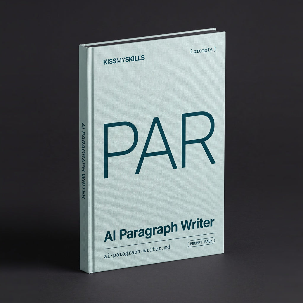Paragraph Writer prompts for Claude by KissMySkills, pale sea-glass bookcloth cover with the monogram PAR