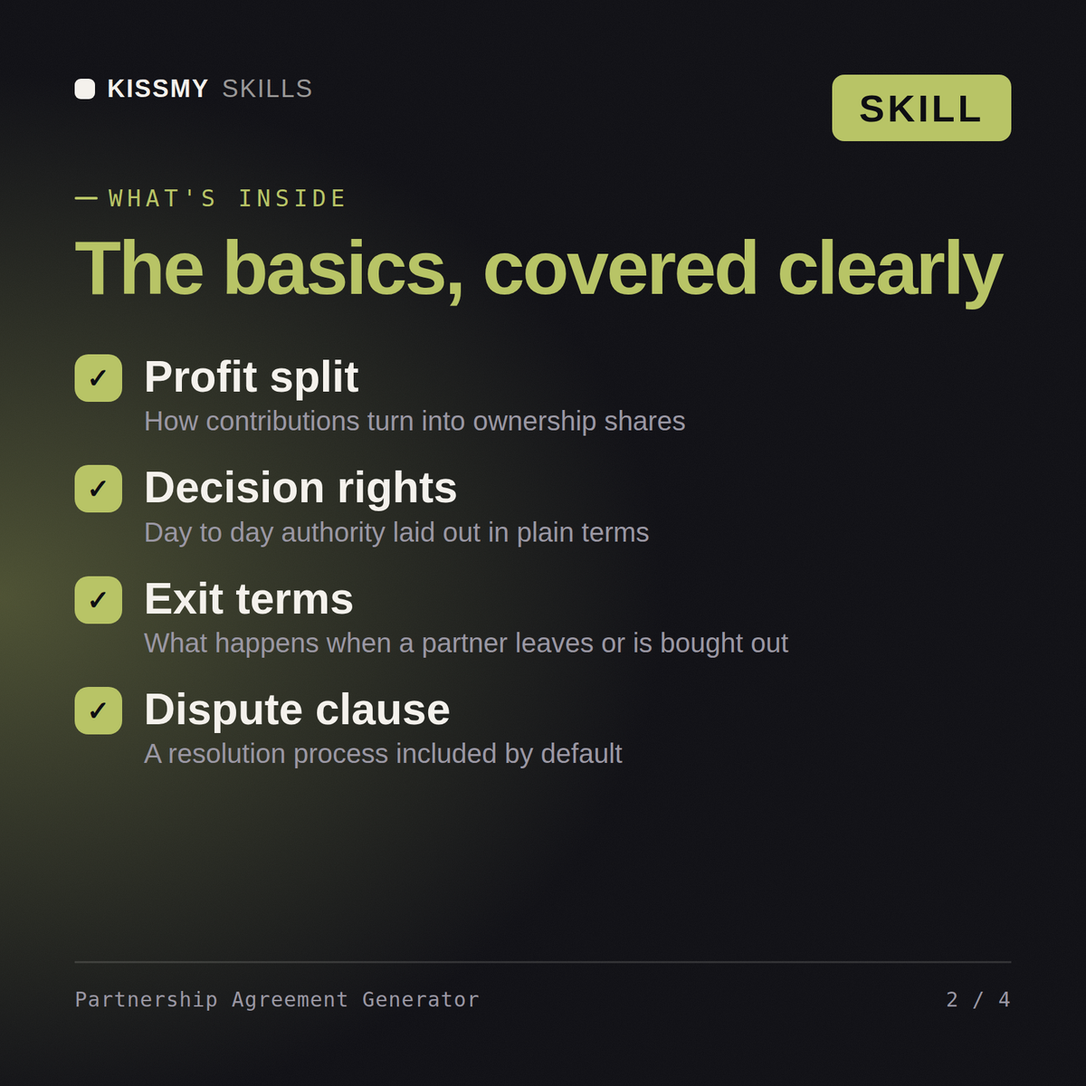 What's inside the Partnership Agreement Generator AI skill: Profit split, Decision rights, Exit terms, Dispute clause