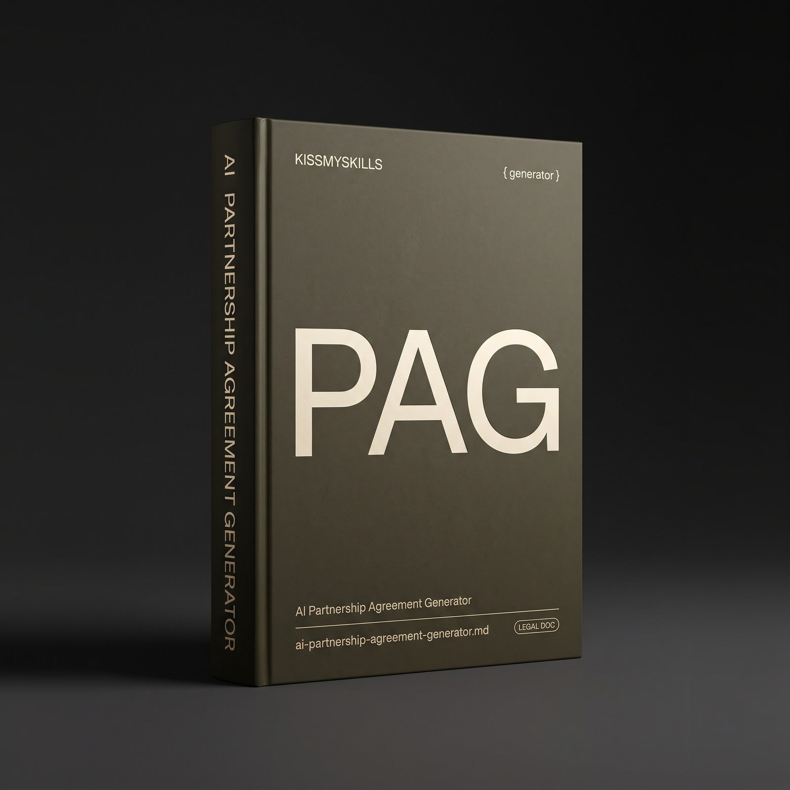 Partnership Agreement Generator Claude skill by KissMySkills, oxidised olive bronze-green metal cover with the monogram PAG