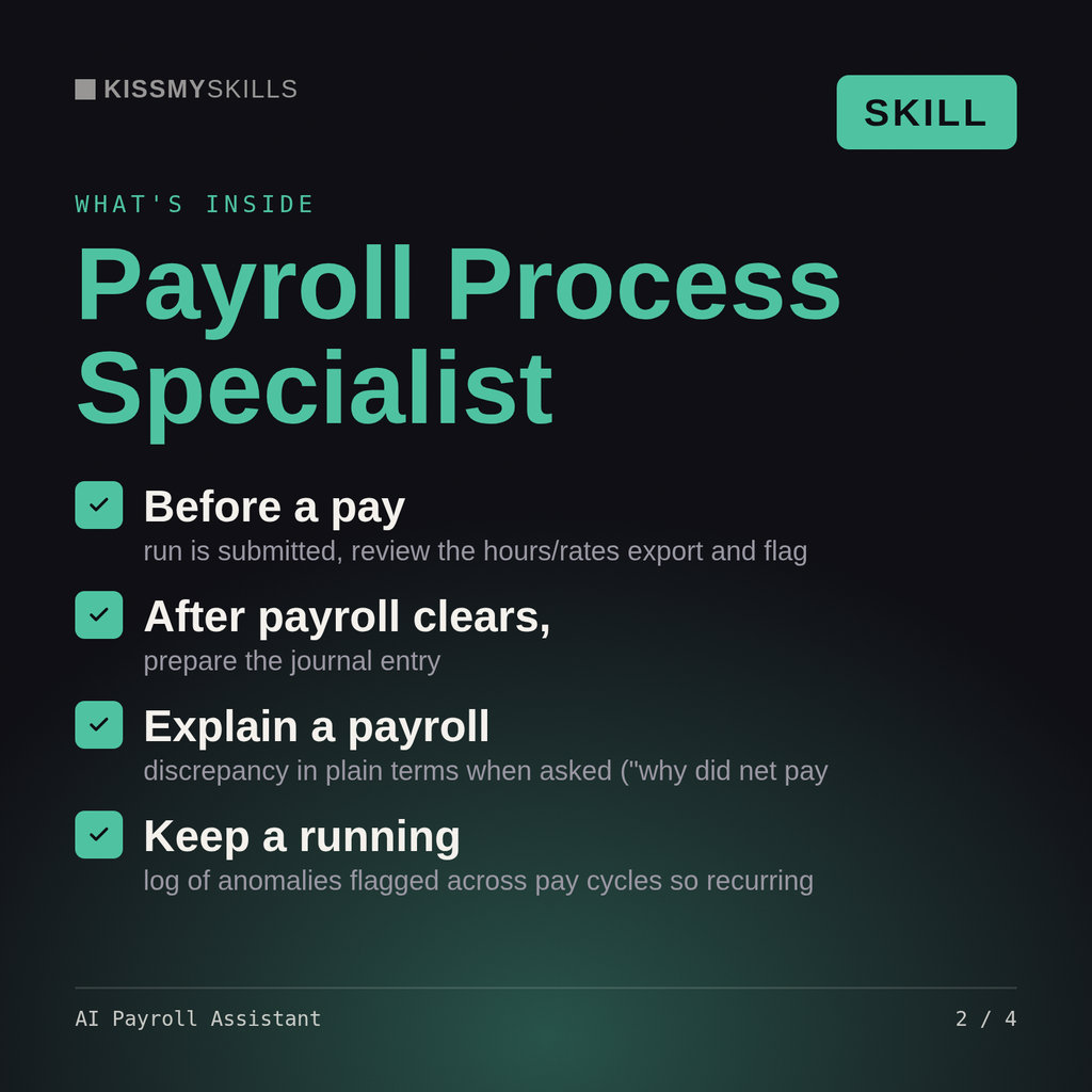 What's inside the AI Payroll Assistant skill: Before a pay, After payroll clears,, Explain a payroll, Keep a running
