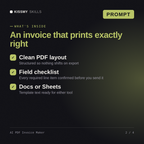 What's inside the AI PDF Invoice Maker AI prompt: Clean PDF layout, Field checklist, Docs or Sheets