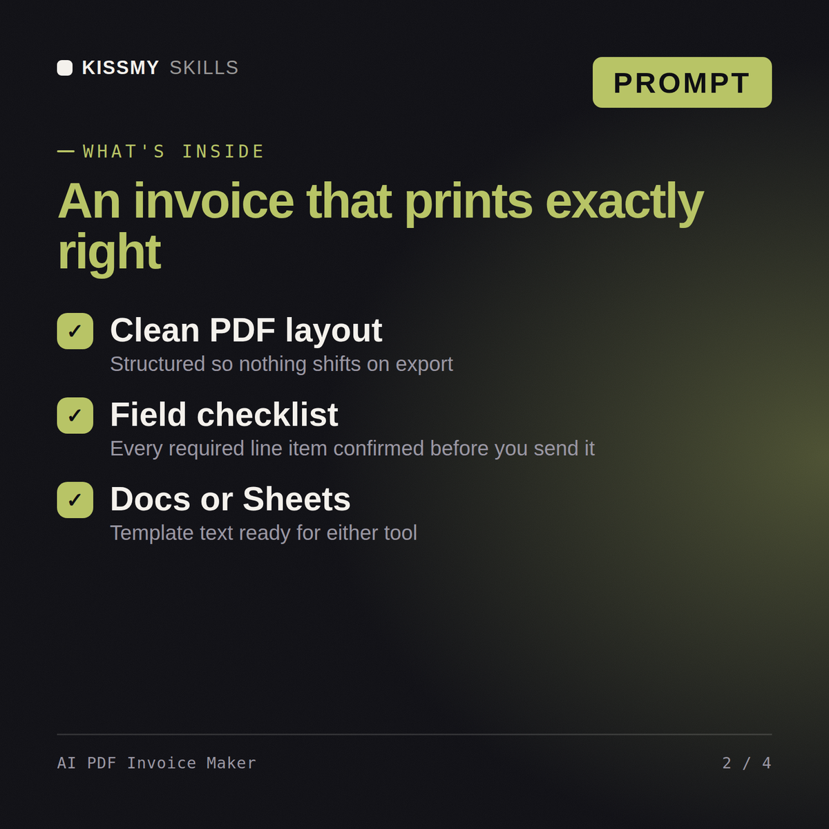 What's inside the AI PDF Invoice Maker AI prompt: Clean PDF layout, Field checklist, Docs or Sheets